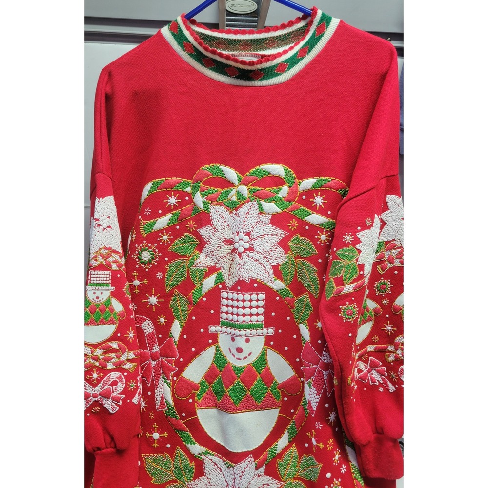 Vtg Bold Spirit‎ Red Snowman Poinsettia Christmas Sweater pajamas  nightgown M